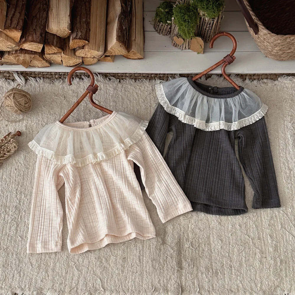 Girls Long Sleeve T Shirts 2026 Autumn New Baby Girl Sweet Mesh Lace Collar Bottoming Shirts Solid Infant Toddler Cotton Tops