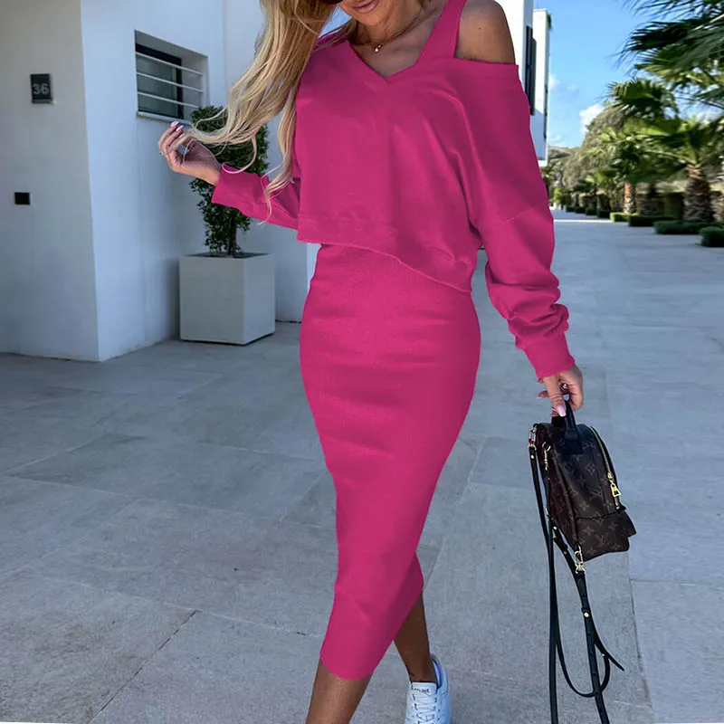 Women Autumn Two Piece Sets Dress Elegant Sexy V Neck Long Sleeve Sweatshirts And Long Dress Female solid color outfit set