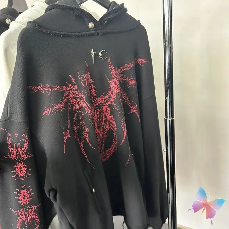 

Dragon Bone Print 24ss Winter Thug Club Hoodies Retro Metal Star Moon Logo Breasted Rivet Black Hooded Sweatshirt Men Women