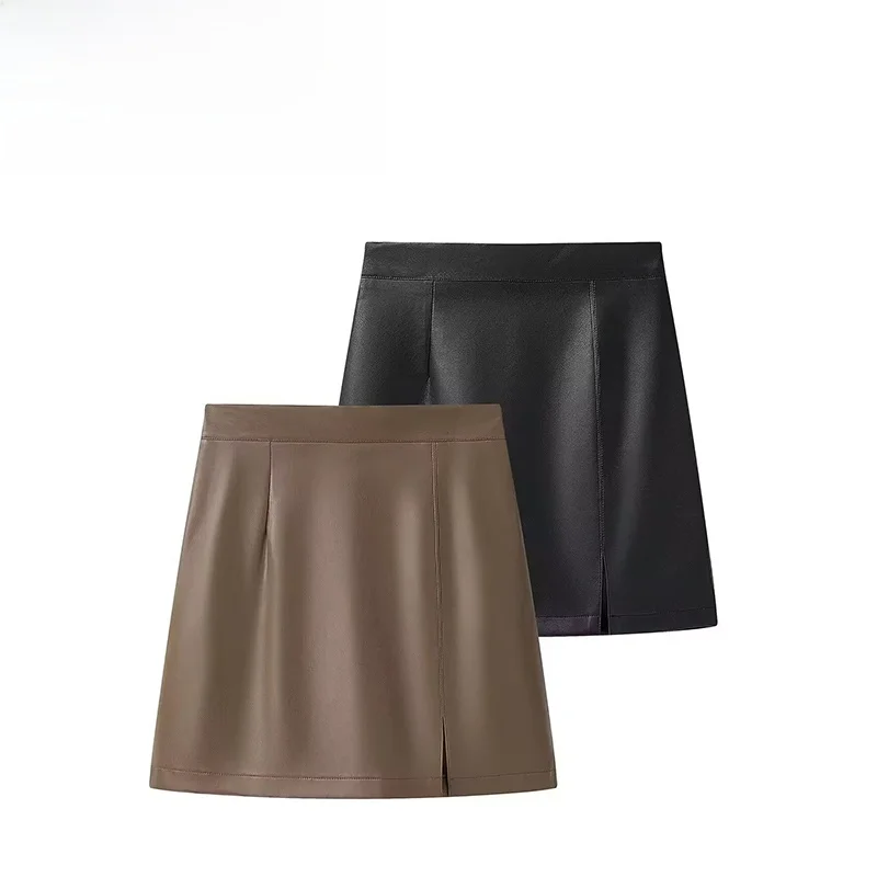 

ZAR Autumn New Faion Casual Sle PU Split A-Line Skirt Women's Clothing Versatile Design ort Length Polyester Fiber
