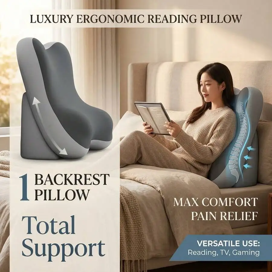 Luxury Reading Pillow For Bed - Backrest Cushion For Sitting Up In Bed, Sofa Ergonomic Support For Reading, Watching TV, Gaming