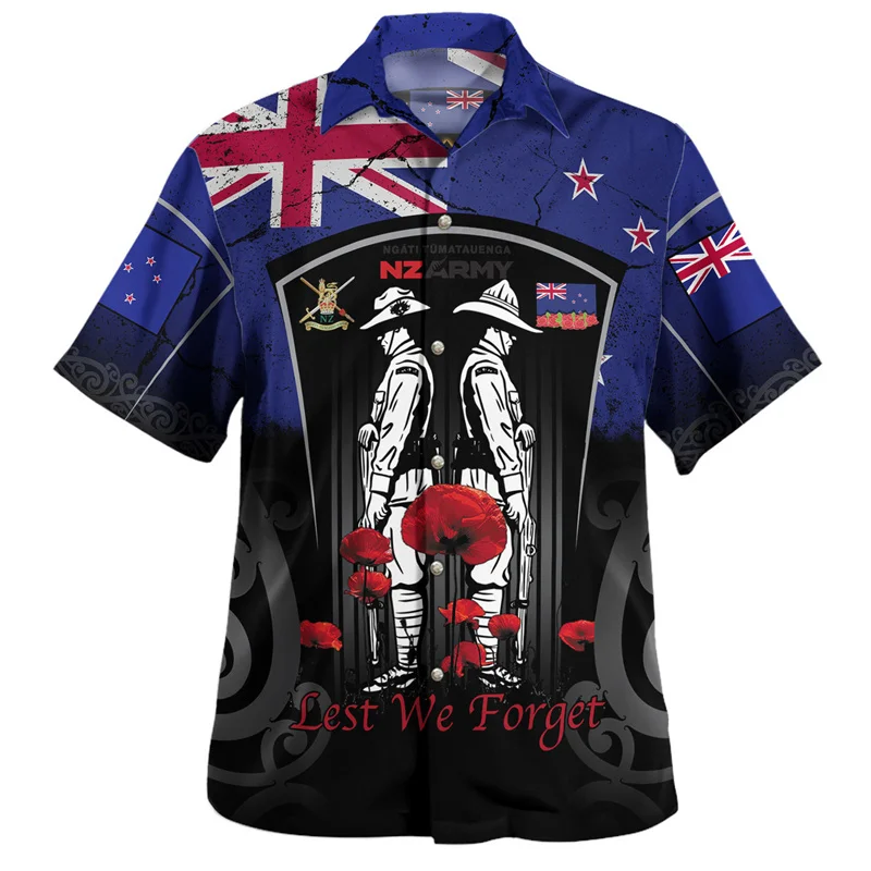 Summer Harajuku 3D New Zealand Maori Silver Fern Rugby Flag Print Shirts NZ LEST WE FORGET Graphic Short Shirts Fashion Clothing