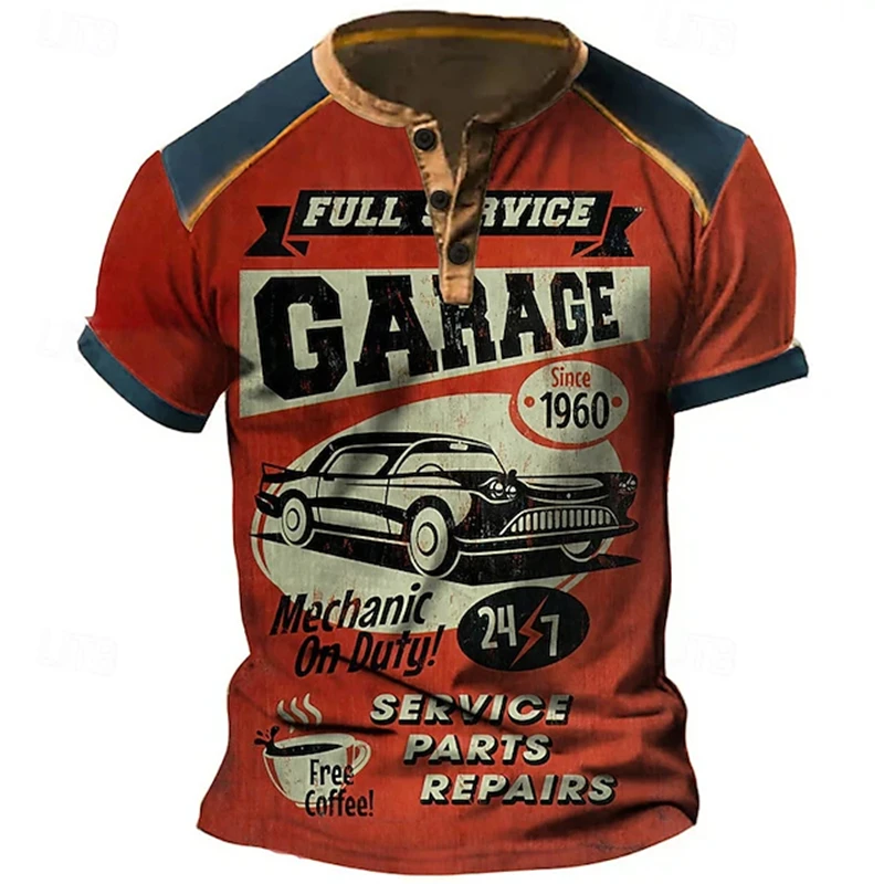 Vintage Men's Henry T-Shirt Short-Sleeve Patchwork Top with Retro Race Car Print Streetwear-Style Casual Button-Down Shirt