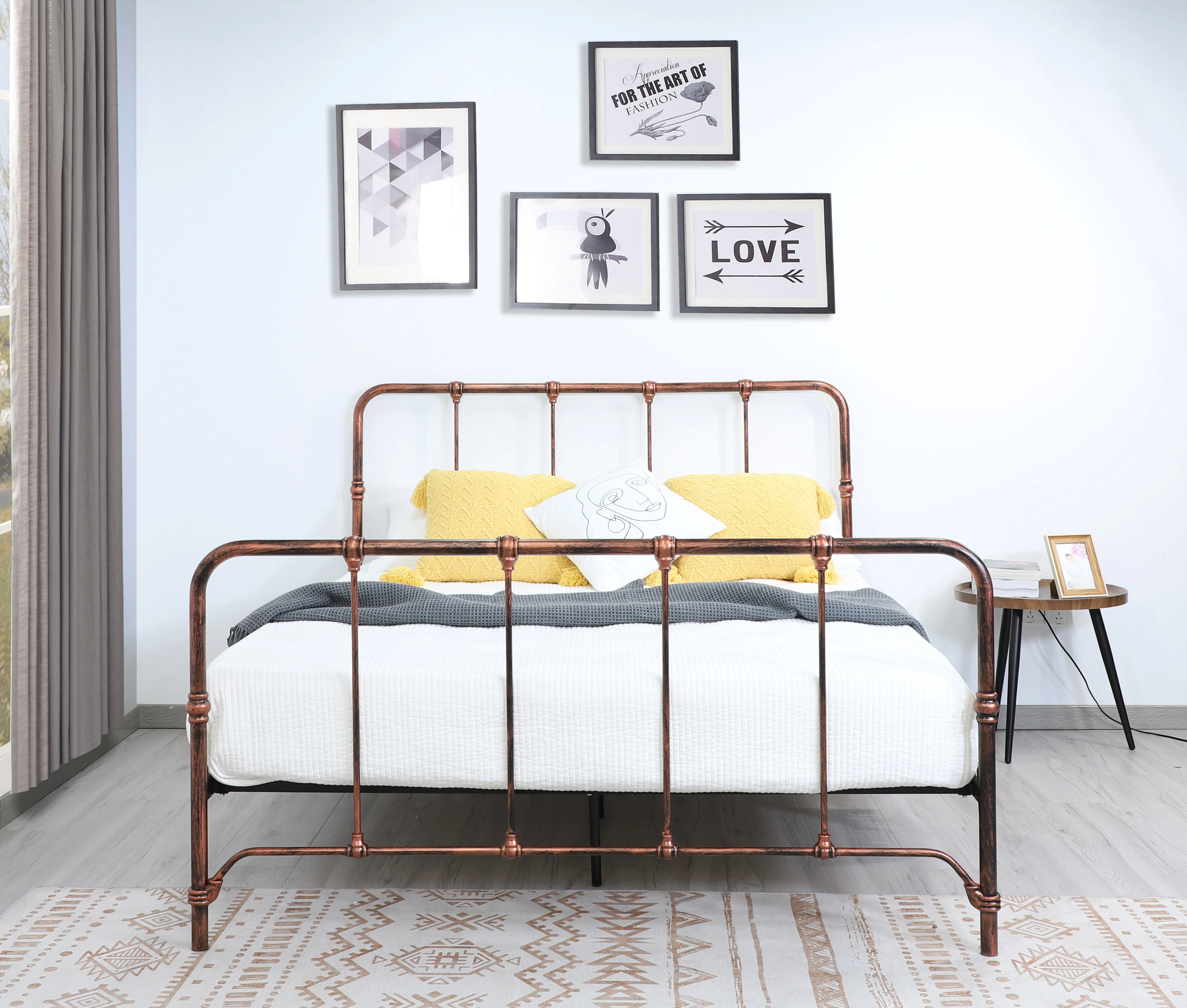 yh-Antique Hand Brush Copper Metal Bed Frame Vintage Style Durable Portable for Bedroom Living Room Hotel！