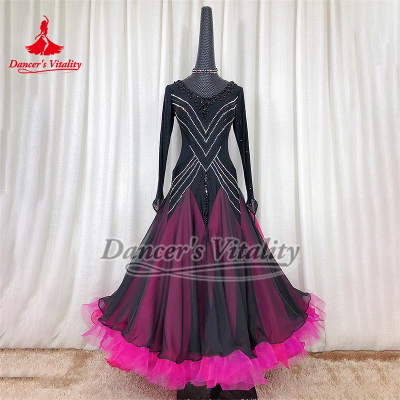 Ballroom Dance AB Stones Long Sleeves Competition Big Swing Dresses Included Necklace Luxurious Customize Waltz Foxtrot Clothing