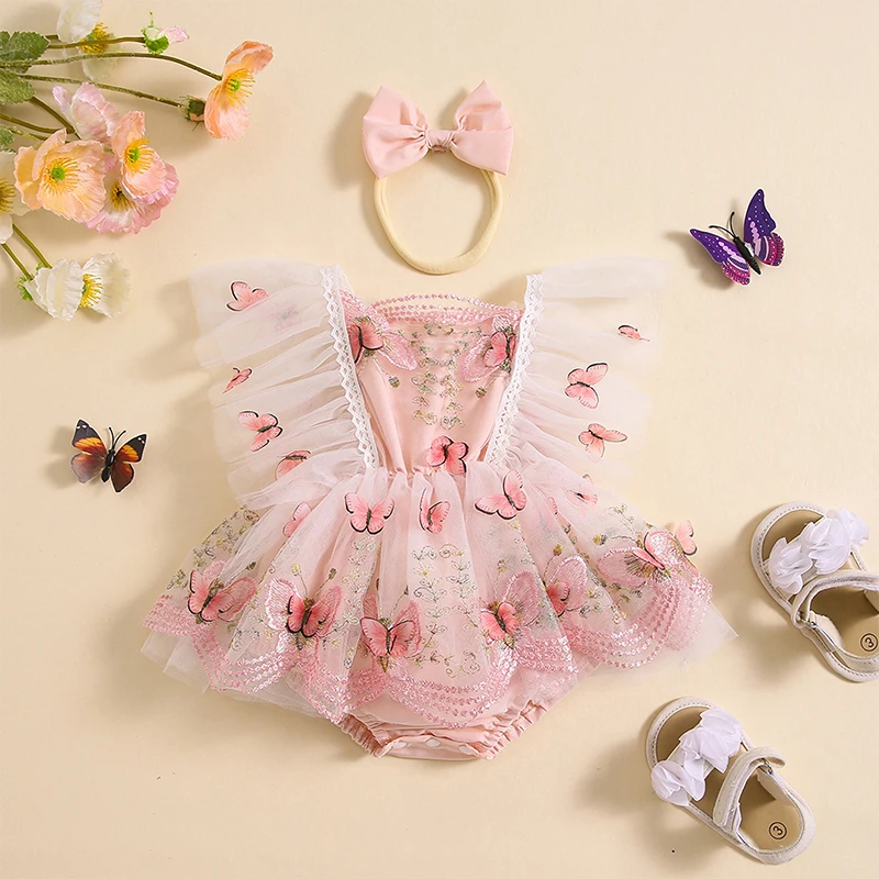 Suefunskry Baby Girls Romper Dress Lace Trim Butterfly Pattern Embroidered Fly Sleeve Tulle Skirt Hem Bodysuit with Headband