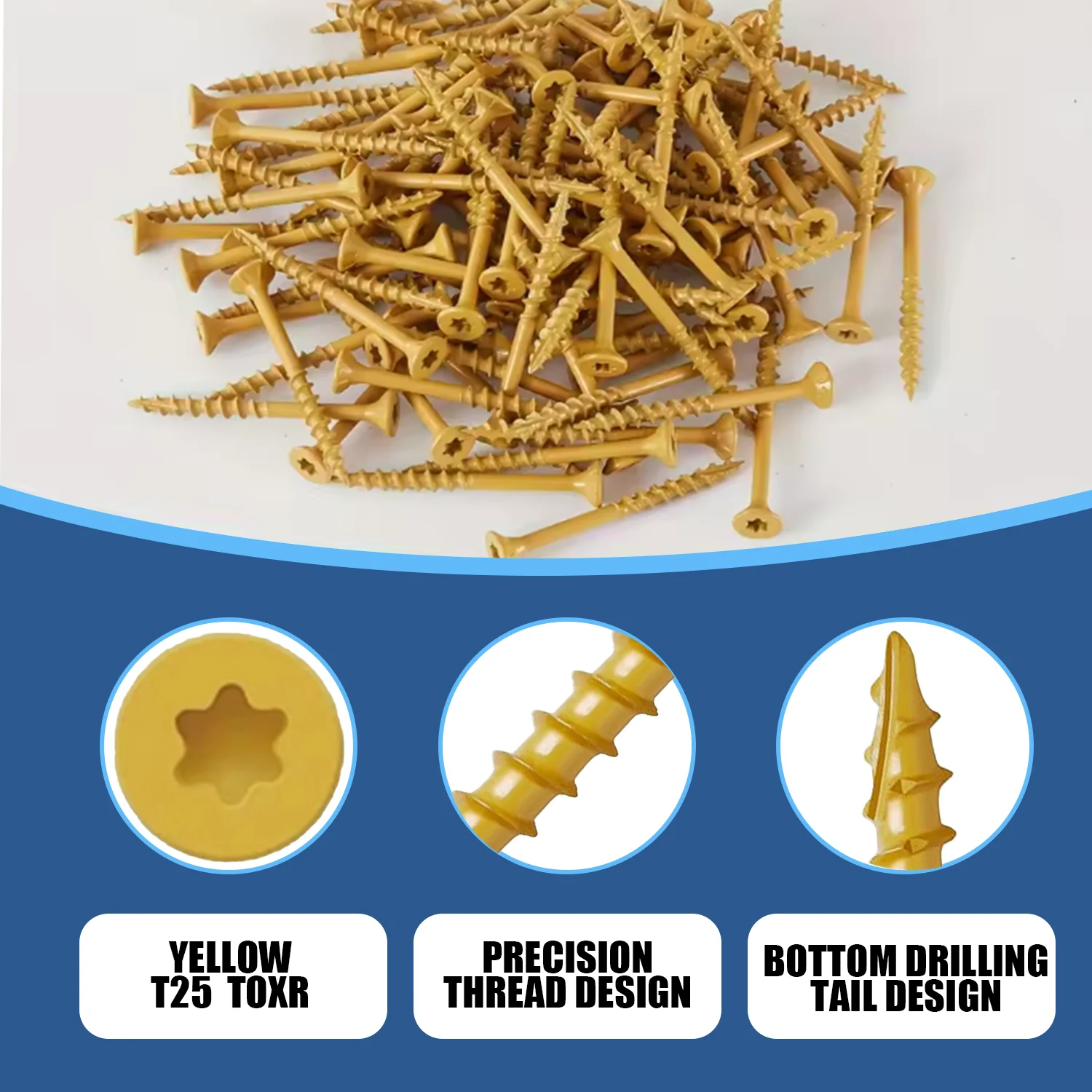 VKKM 150 piezas # 8×2-1/2" Amarillo - Tornillos para madera con cubierta recubierta - Unidad Torx T25, broca incluida, para terraza y carpintería al aire libre