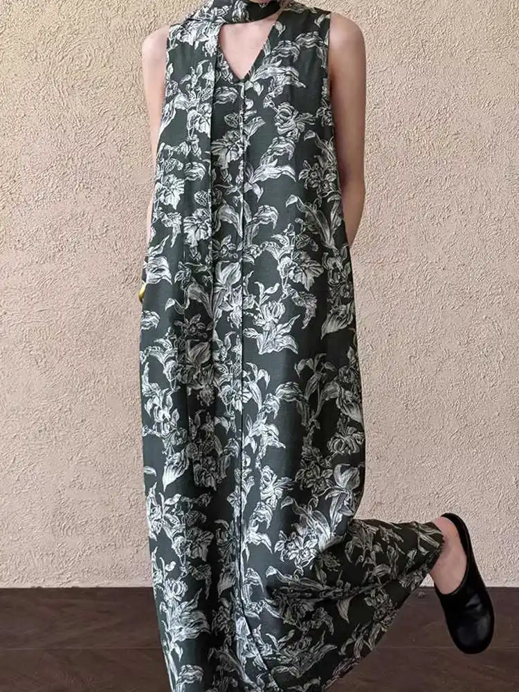 فستان نسائي عتيق من Clothland ميدي مزين بالزهور ورقبة على شكل V وشاحات مستقيمة قطعة واحدة فساتين صيفية كلاسيكية لمنتصف العجل فيستدو QD984