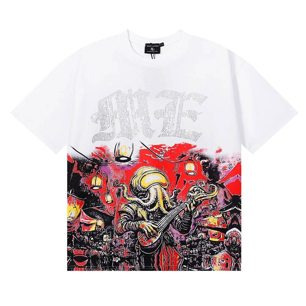 

Summer Octopus Rhinestone Short Sleeve Mens Tshirts Streetwear Hot Drill Shinning Cotton Loose Round Neck Top Tees Oversized