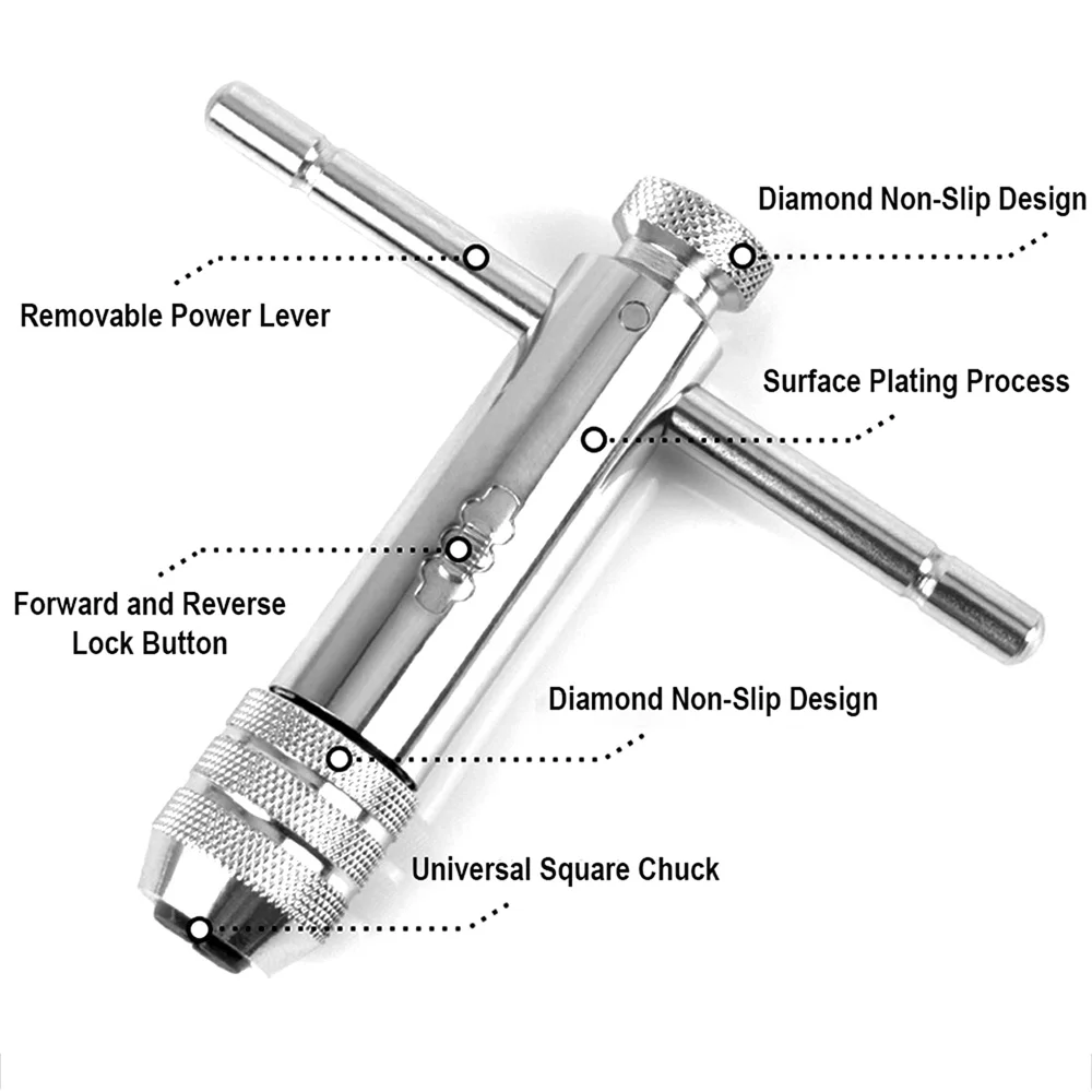 Adjustable Silver T-Handle Ratchet Tap Holder Wrench Set Hand Tools with 5pc M3-M8 Machine Screw Thread Metric Plug T-shaped Tap