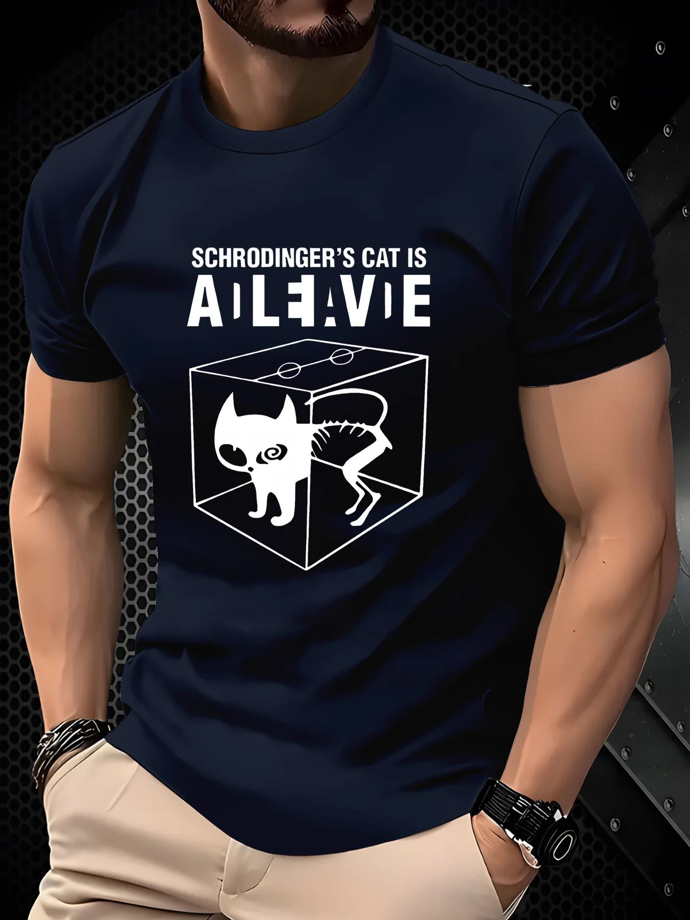 Funny Schrödinger's Cat Science Machine for Physics Fans & Comic Conventions design -100% cotton printed men's T-shirt.