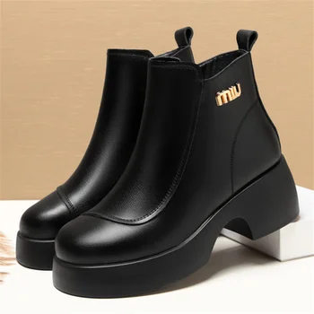 ฤดูใบไม้ร่วงฤดูหนาวสบายๆสบายๆรอบ Toe ผู้หญิงหนังนุ่มซิปรองเท้าส้นหนา Elegant รองเท้าสั้น