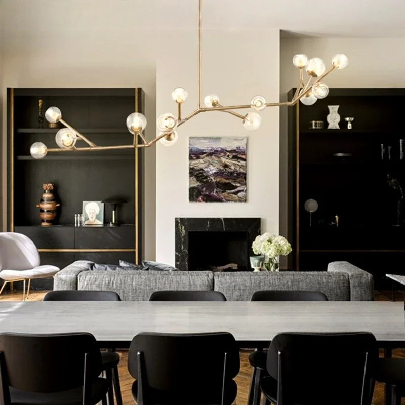 Lâmpada molecular minimalista moderna, designer de sala de estar, sala de jantar, balcão de bar, quarto, todo em cobre, lustre de vidro