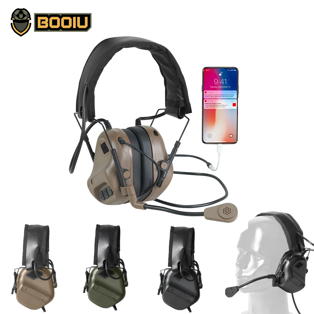 BOOIU ยุทธวิธีการถ่ายภาพอิเล็กทรอนิกส์ชุดหูฟัง 3.5 มม.เชื่อมต่อโทรศัพท์หูฟังแบบพับได้ป้องกันหมวกนิรภัย Earmuff