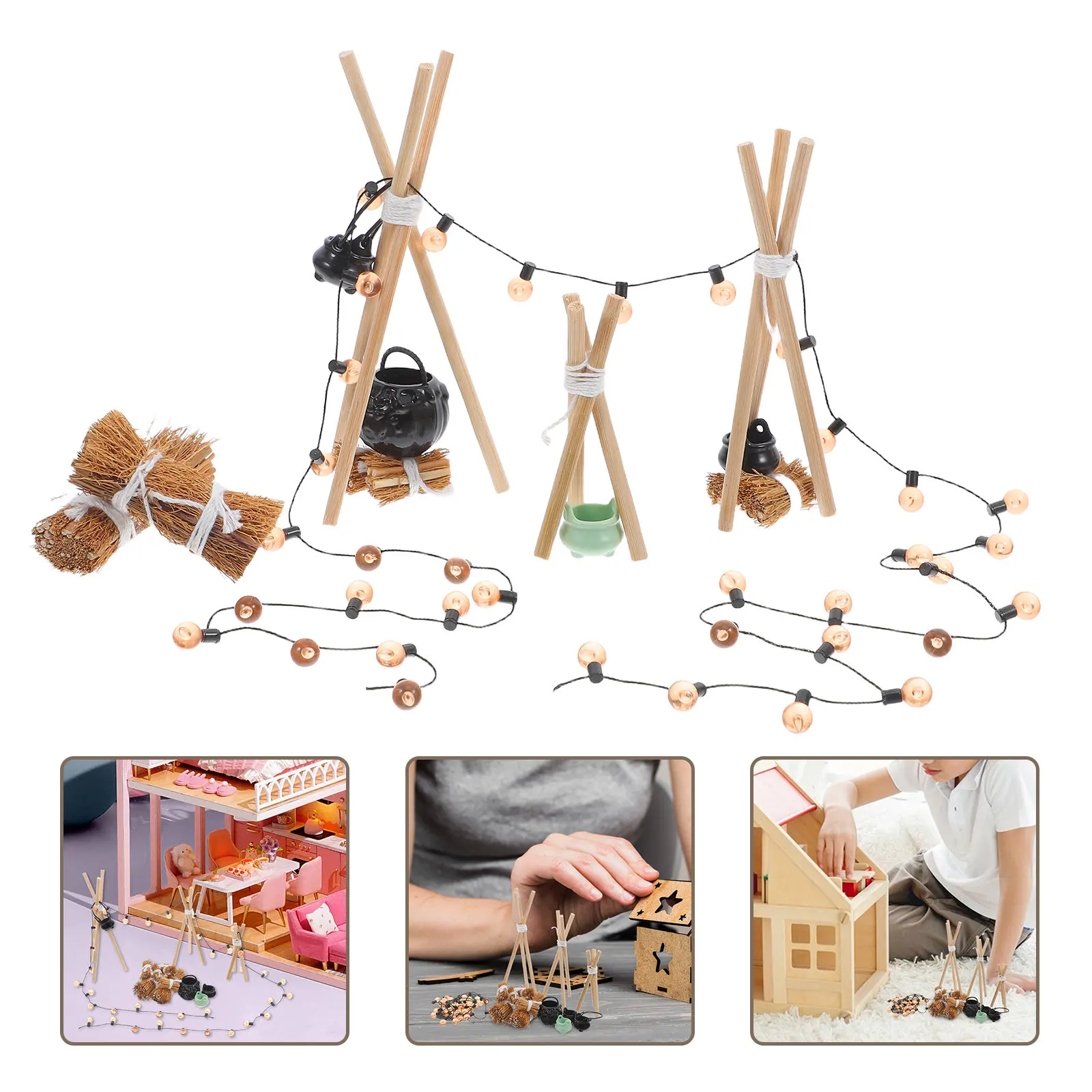 

Набор миниатюрных уличных украшений для костра: реалистичная дровница и казан для кукольного домика, для создания сцены на Хэллоуин, мини-очаг