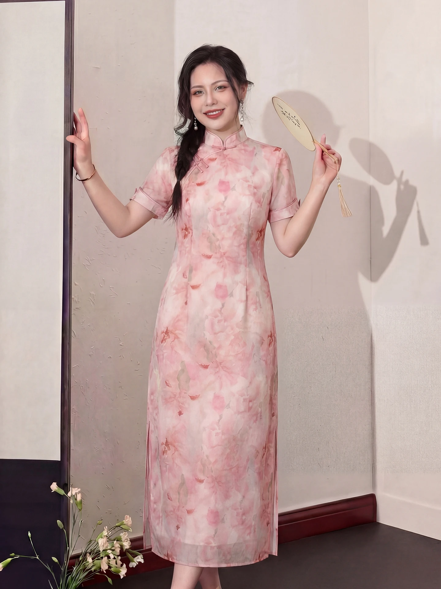 

Dave's plus Size Women's New Chinese Style Pink Qipao Dress Slim Fit High Waist Polyester Fiber Summer Casual Wear