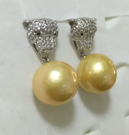 charming pair of huge 9-10mm south gold pearl dangle earring 925s