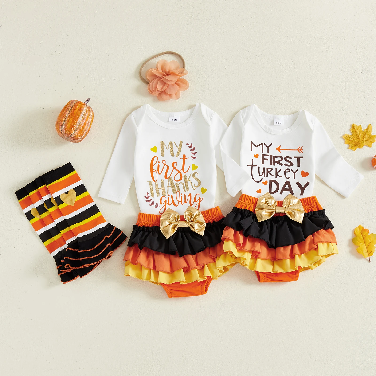

Baby Girl Thanksgiving Outfit Long Sleeve Romper Tiered PP Shorts Leg Warmers and Headband Sets
