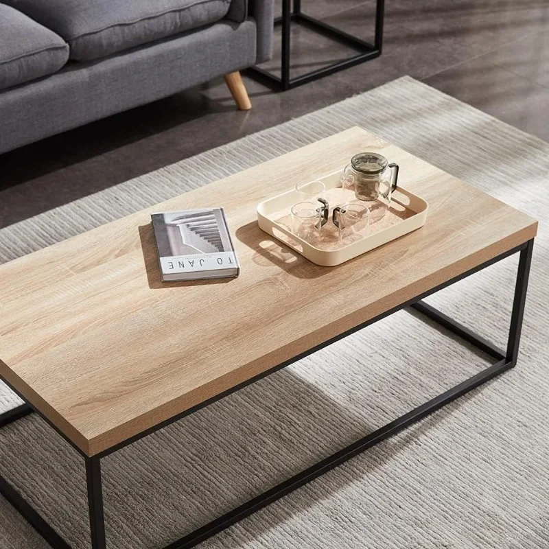 Natural Oak Coffee Table for Living Room, 47" Modern Industrial Rectangular Wood and Metal Coffee Table(Light Wood)