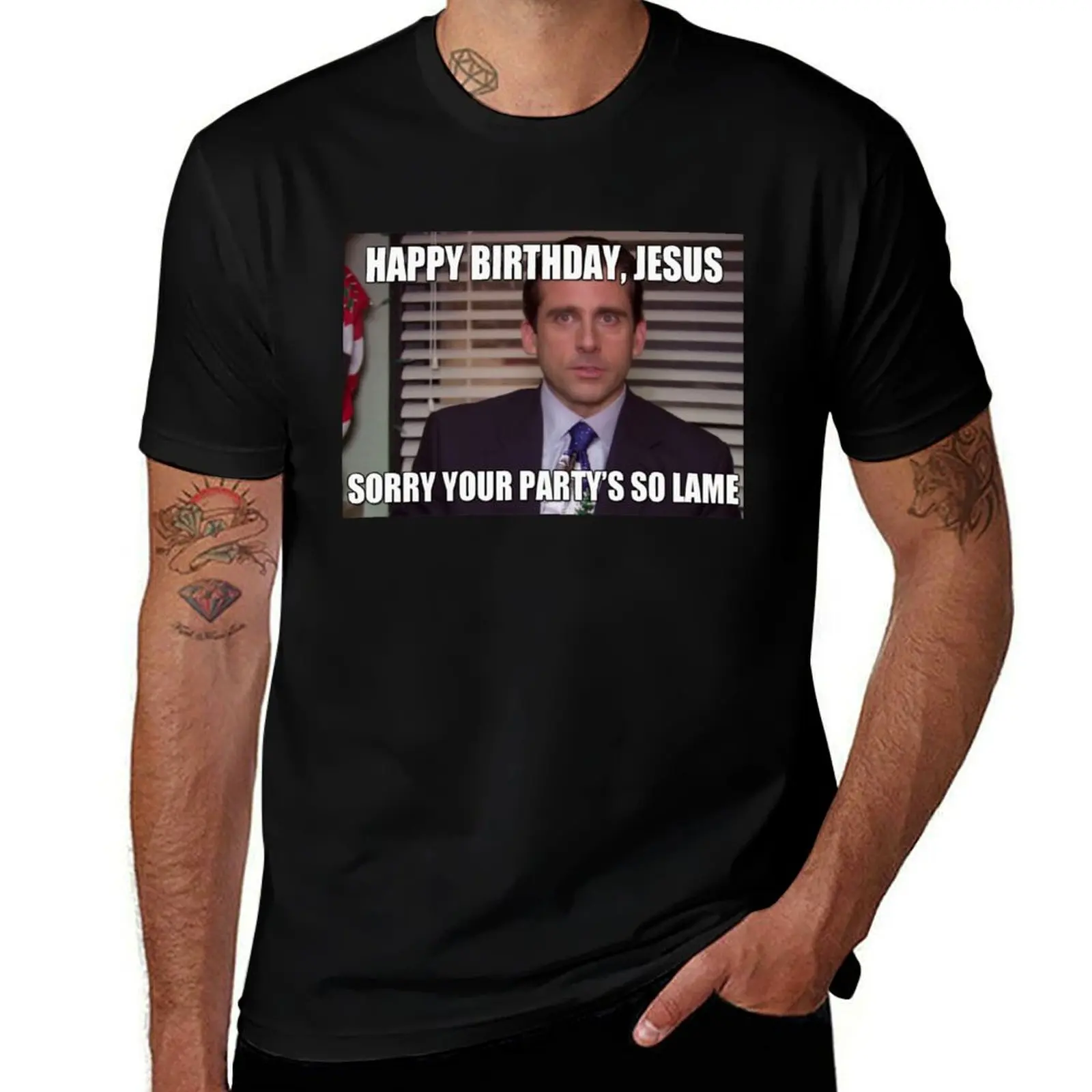 Michael Scott: Happy Birthday Jesus, Sorry Your Party is So Lame (meme) T-Shirt Sporty Breathable Short Sleeve T-Shirt