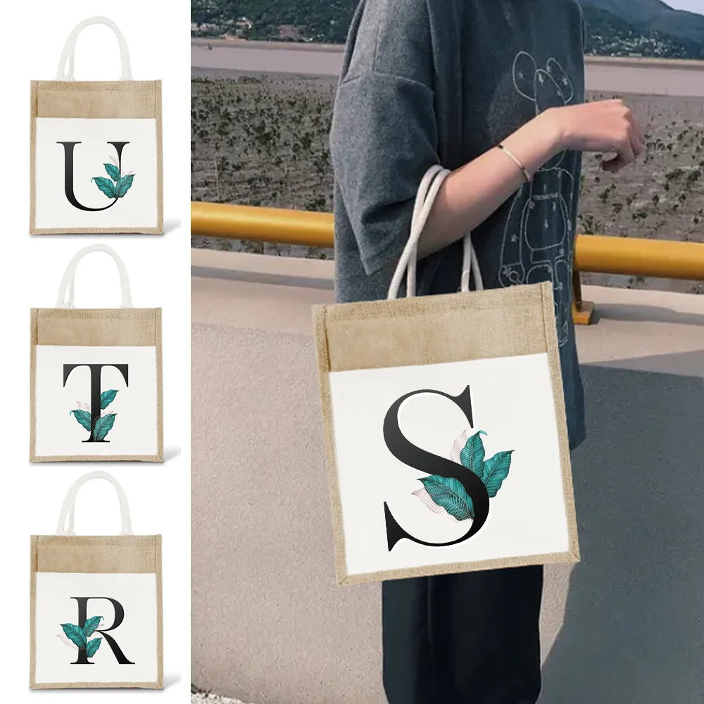 Burlap Jute Tote Bag Vintage Reusable Grocery Shopping Bags Printing Lea Series Beach Handbags Multifunctional Flax Tote