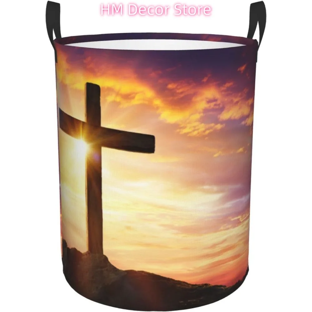 

Crucifixion of Jesus Christ Cross at Sunset Laundry Basket with Handle Waterproof Collapsible Cloth Hamper Round Storage Basket