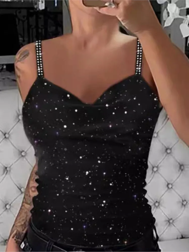 

Женская модная майка с блестками и стразами, топы на бретельках с v-образным вырезом, жилет с перекрестными ремешками, женская одежда для ночного клуба, новая летняя одежда
