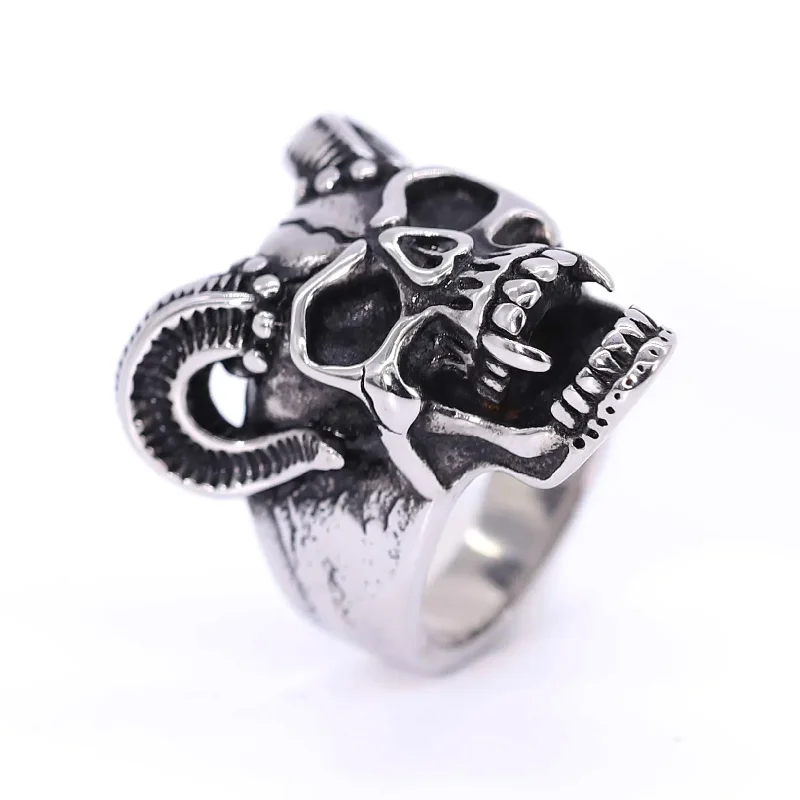 Gothic Stainless Steel Goat Horn Skull Biker Ring Black Phillip Inverted Cross Crucifix Lucifer Sigil Satanic Punk Jewelry Gift