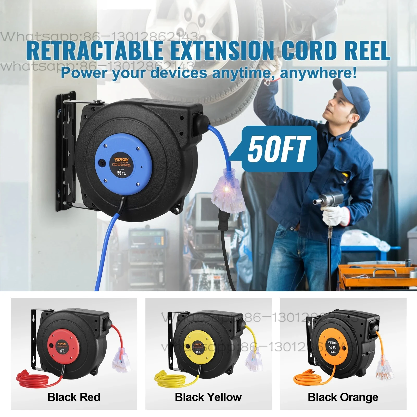 Telescopic extension reel 50FT lightweight three tap socket 13Amp circuit breaker 180 ° rotating bracket