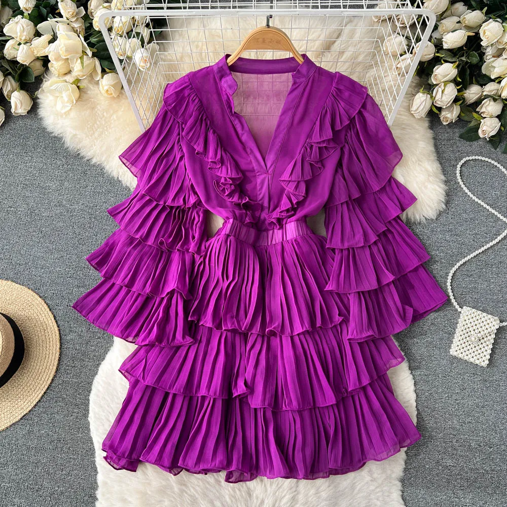 Vintage Elegant Ruffle Pleated Tiered Dress Chic  A-line Fashion Spring Autumn Flare Long Sleeve Vestidos Women Mini Dress