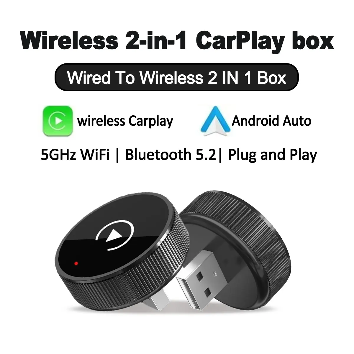 

Беспроводной адаптер 2-в-1 для CarPlay и Android Auto: умное USB-устройство с автоматическим подключением, Plug & Play для iPhone и Android, для автомобилей с заводской проводной системой.