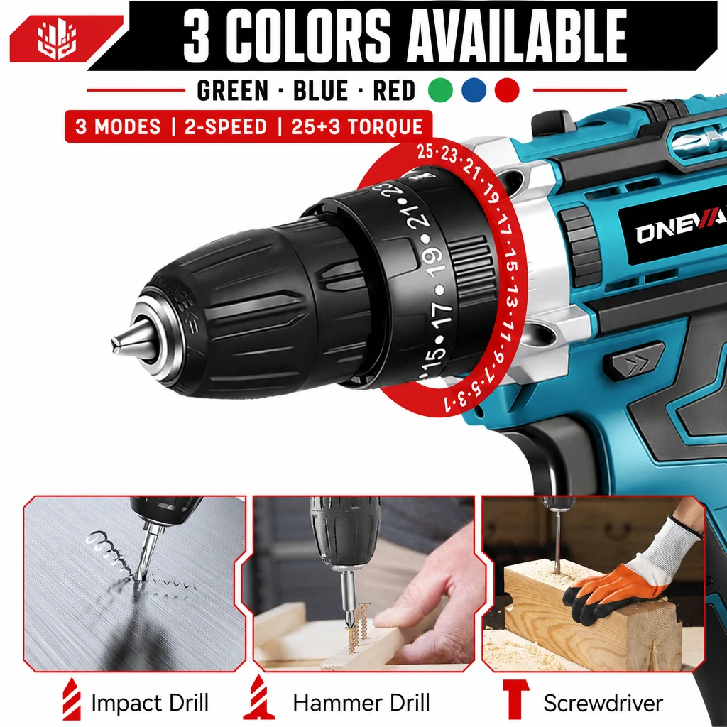 ONEVAN 25+3 Drehmoment Elektrischer Schlagbohrer Kabelloser Multifunktions-Bohrschrauber DIY-Elektrowerkzeug für Makita 18V Akku