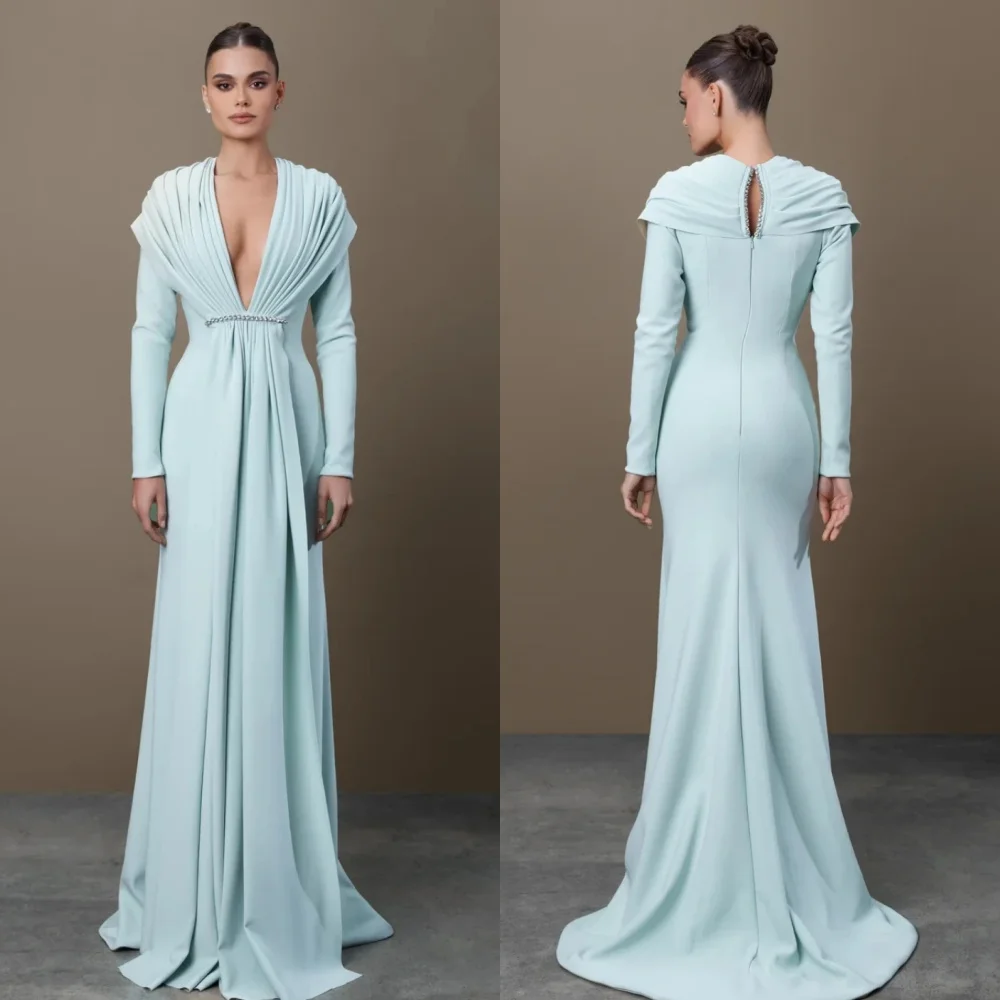 

Customized Sexy Fashion Jersey Pleat Draped Rhinestone A-line V-neck Long Dresses Bespoke Occasion Dresses Elegant High Quality