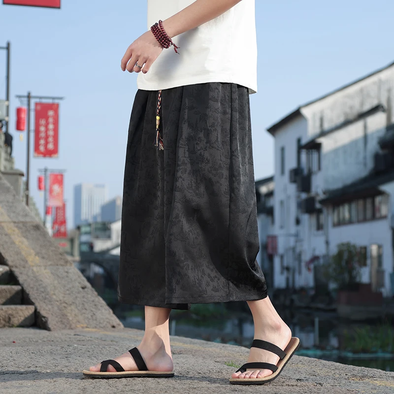 Streetwear Men Harem Pants Vintage Wide Leg Trousers Male Harajuku Style Hip Hop Men Calf-Length Pants Baggy Summer