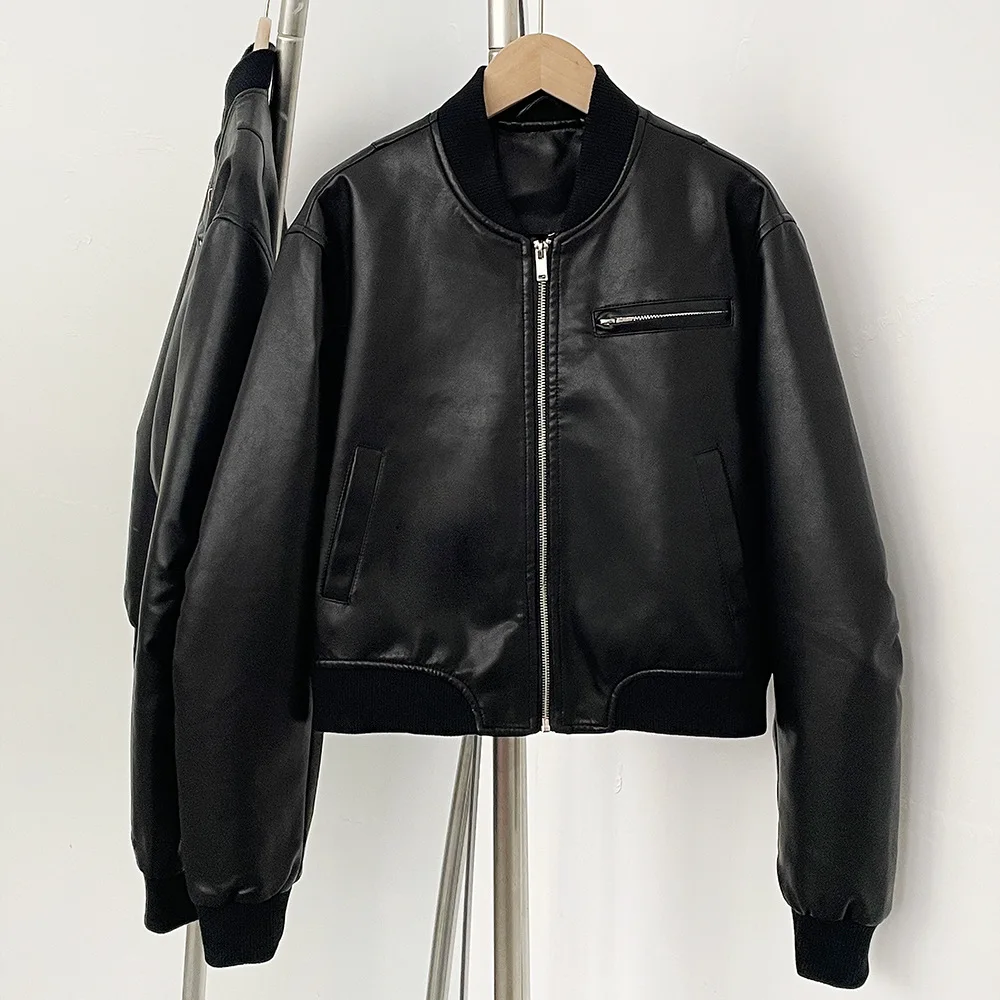 

Women Black Fake Leather Jacket Stand Up Collar Zipper Baseball Jackets American Casual Fashion Loose Retro Autumn PU Coat