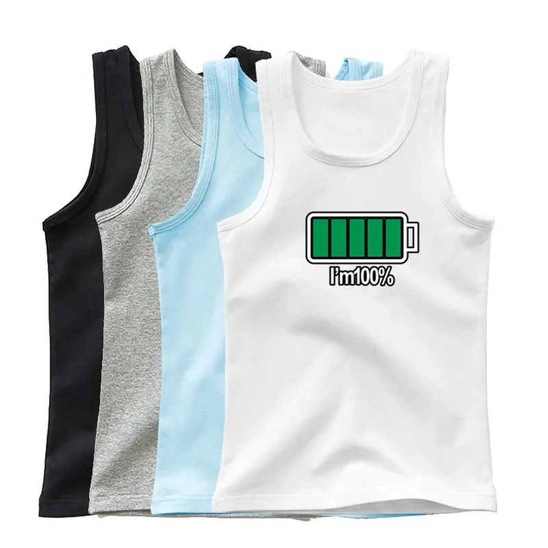 Summer Kids Cotton Vest Boys Girls Cartoon Battery Printed Sleeveless T-shirt For 3-14 Years Children Singlet Clothing
