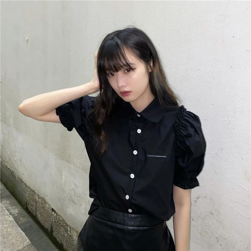 GIDYQ Summer Elegant Chiffon Shirt Women Korean Fashion Design Puff Sleeve Tops Y2K Female Casual All Match Shirts New