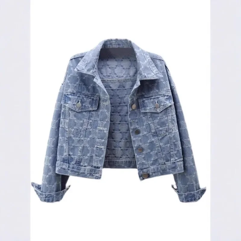 سترة الدنيم النسائية 2025 الخريف/الشتاء نمط التطريز الجاكار أنماط قصيرة فضفاضة تناسب التلبيب جيوب سترة تويد متعددة الاستخدامات