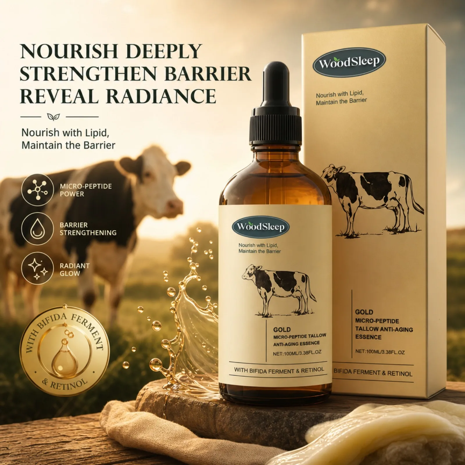 Micro Peptide Tallow Facial Essence Bifida Ferment Retinol Moisturizing Skin Glowing Soft Rejuvenation Hydrating Skincare Serum