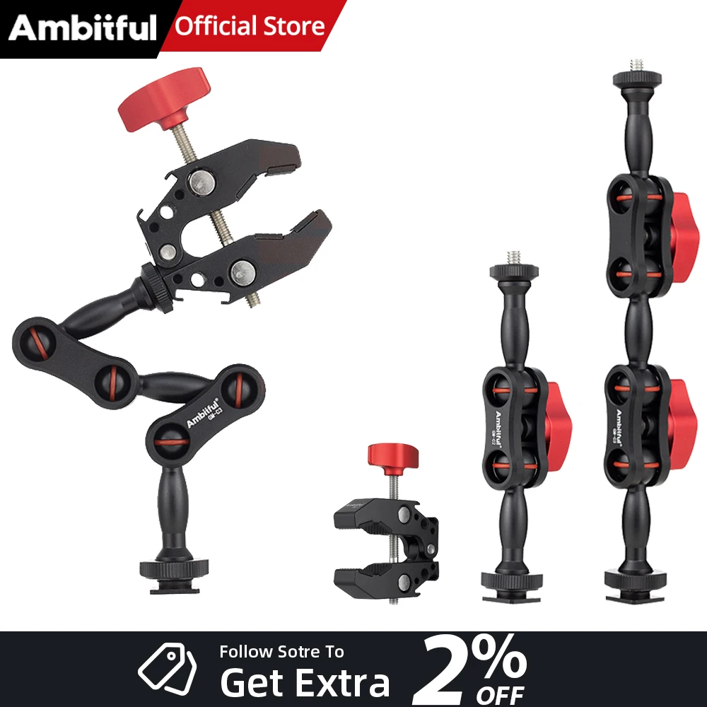 AMBITFUL 360 °   Bras magique à double rotule avec kit de super pince, adaptateur de rotule à vis 1/4 pouce pour moniteur, éclairage LED, appareil photo