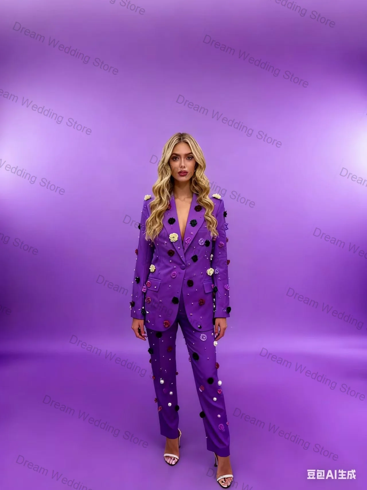 

Purple Women Suit Pants Set 2 Pcs Blazer+Trousers Cotton 3D Flower Formal Office Lady Jacket Customized Guest Wedding Prom Coat