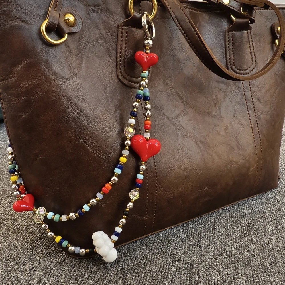 Red Heart Bag Charms for Women Colorful Beads Double Chains Bag Charm Y2K Accesories Cloud Strap Ladies Gifts Jewelry