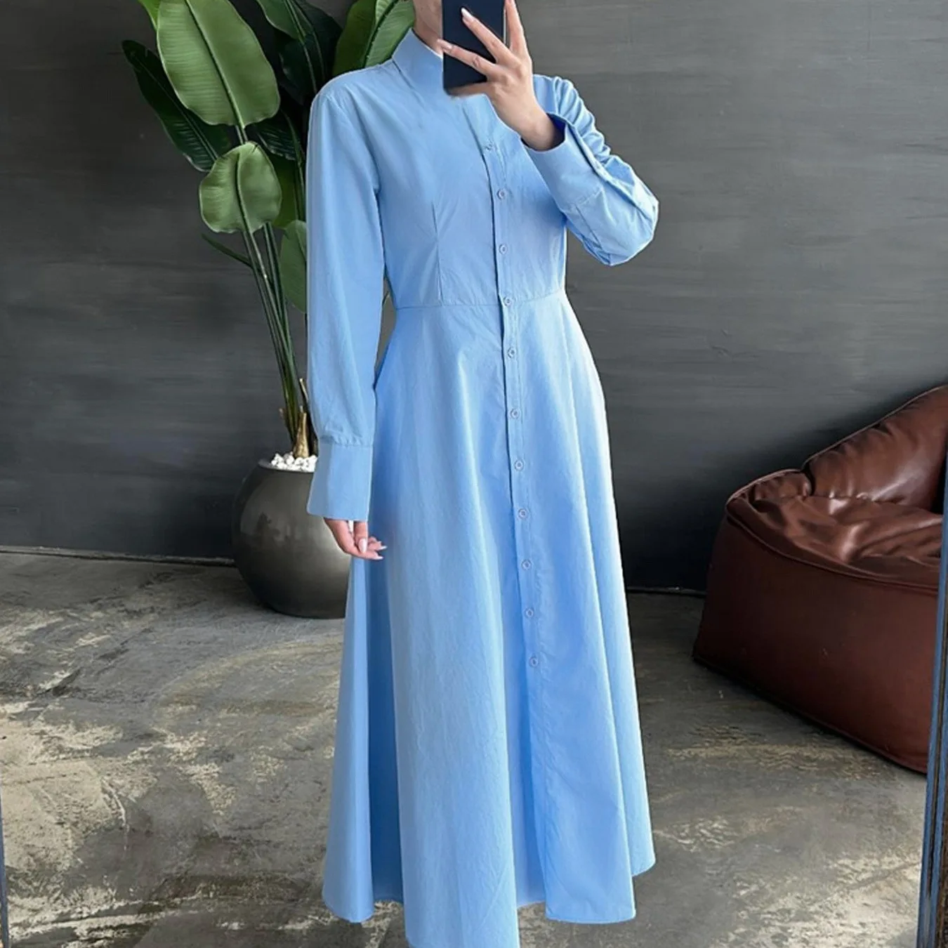 

Women's Simple Collared Solid Blue Long Dre, Casual Elegant, Flattering And Slimming, Straight-Cut Long-Sleeve Shirt-Style