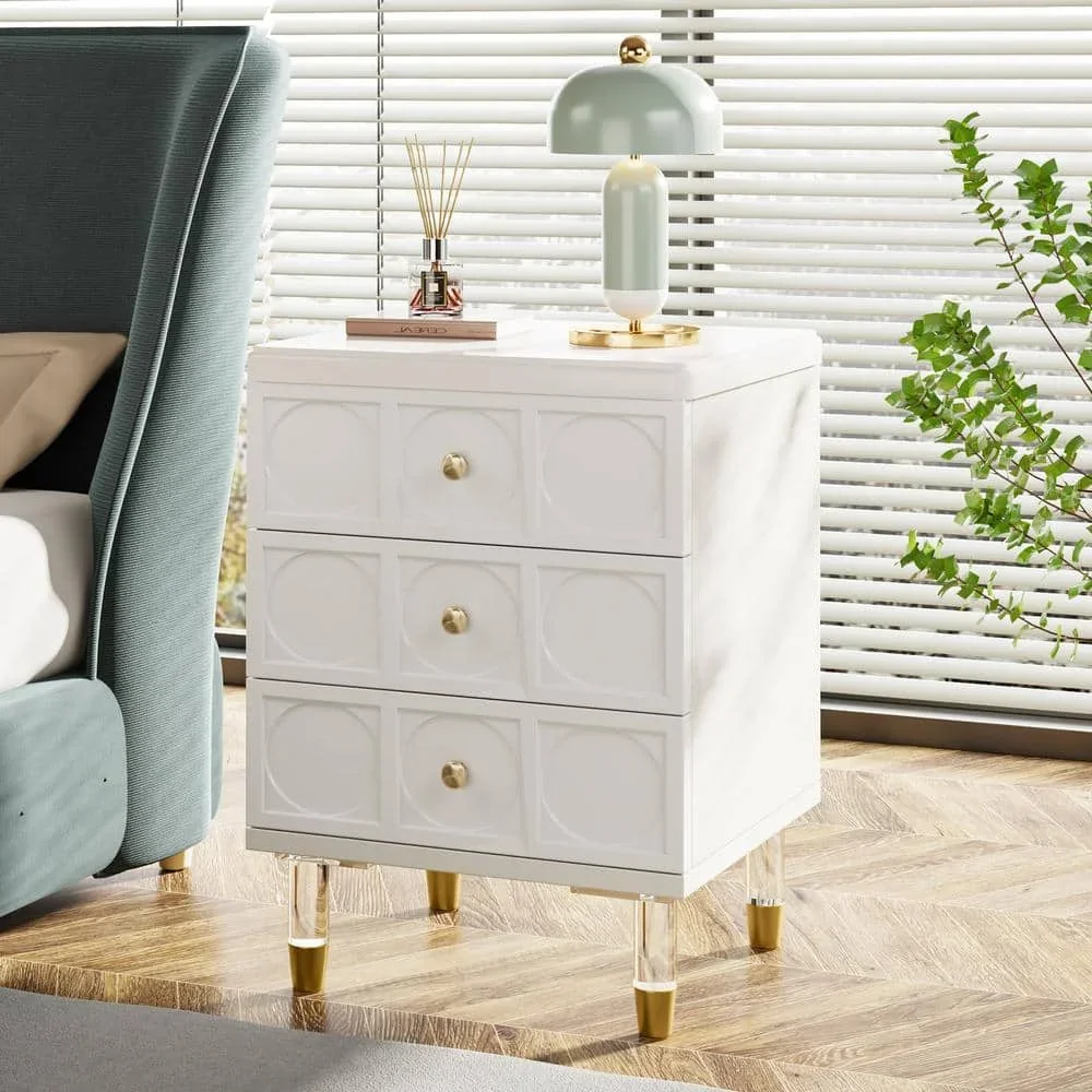 3-Drawer White and Gold Nightstand Modern Bedside Table for Bedroom livinroom