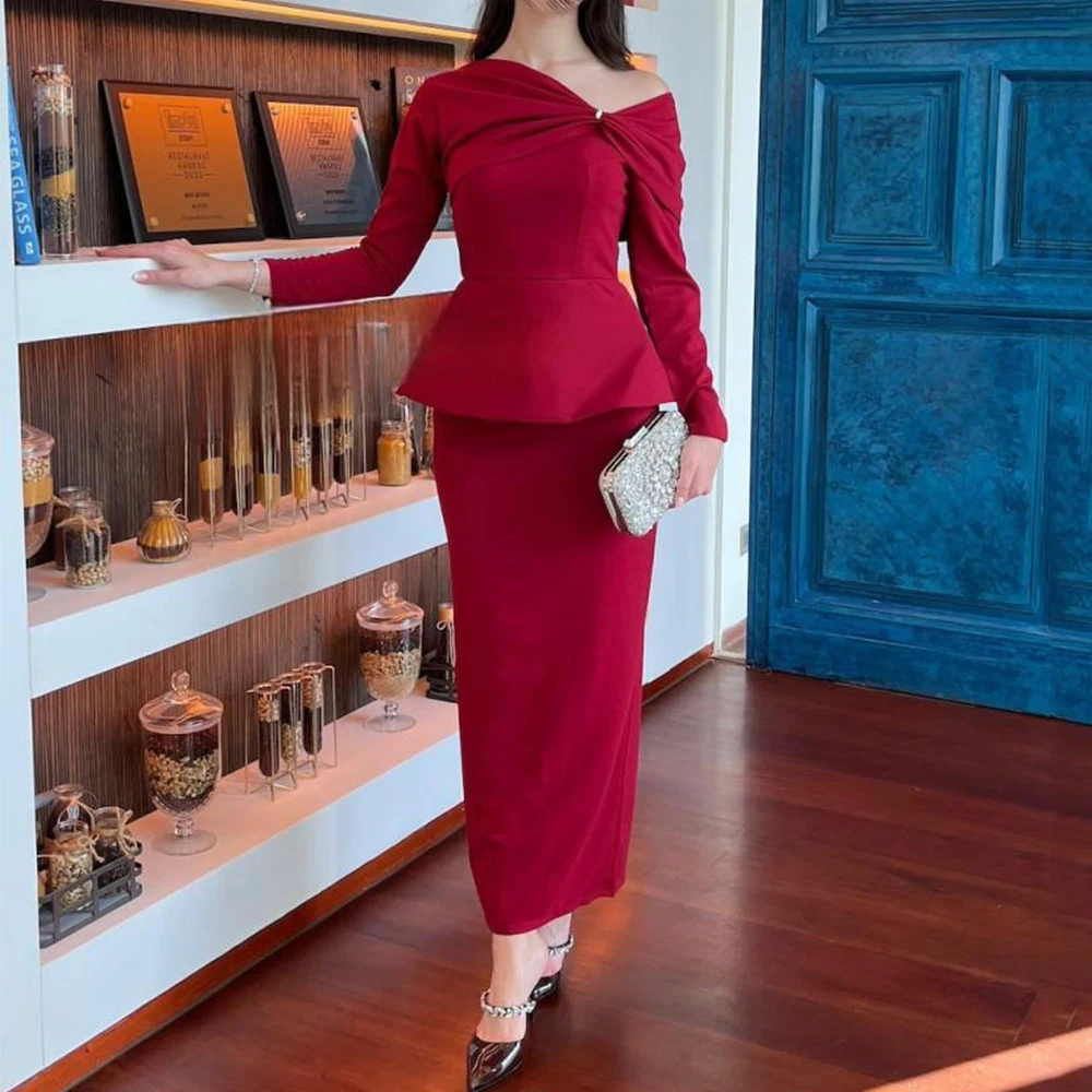 

Arya Red Elegant Evening Dress V-Neck Off the Shoulder Ankle Length Classic Long Sleeve Customized Women Party Guest Gowns