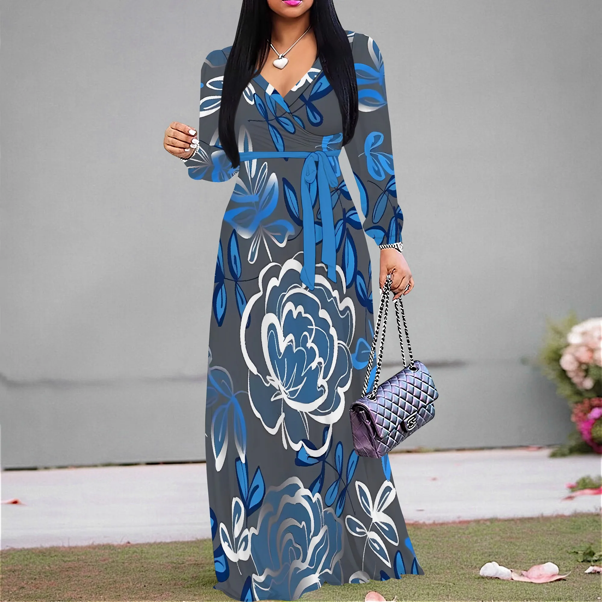 

Nupusa Standard Size Maxi Dress Blue Flower Print V Neck Long Sleeve Belted Dress