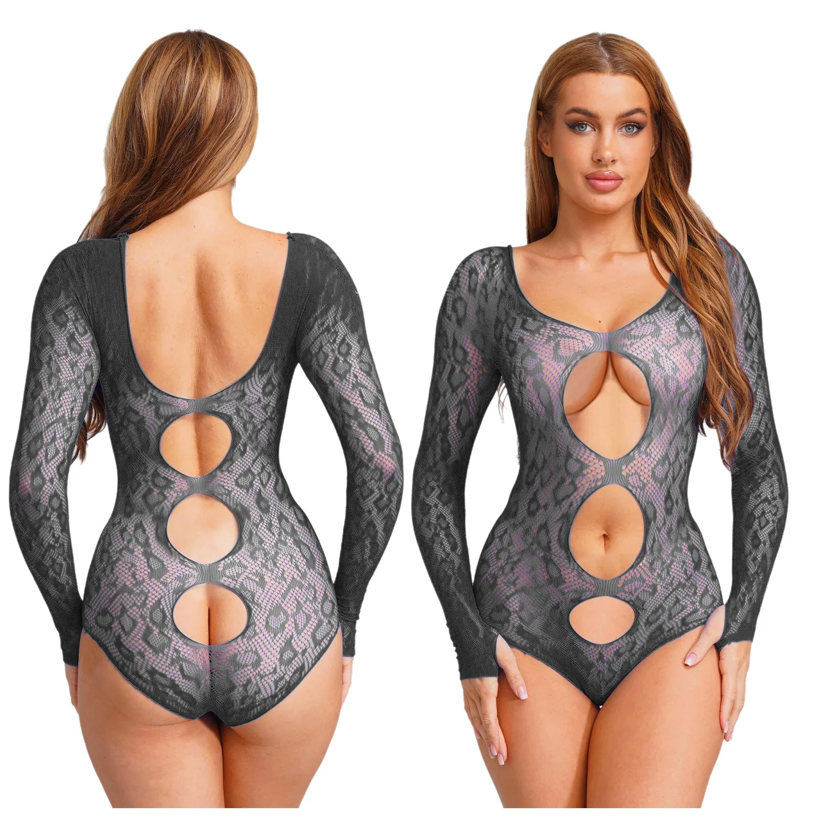 

Women's Gradient Fishnet Tempting Bodysuit Long Sleeve High Cut Teddies Bathing Suit Bikini Cover Up Pool Parties Beachwear