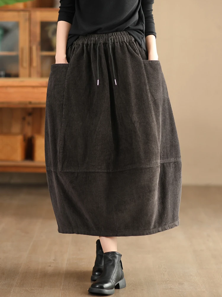 Amax luluE British Fashion Clothes Womens Winter Loose Corduroy Skirts Ladies Leisure Classic Elegant Elastic Waist Streetwear