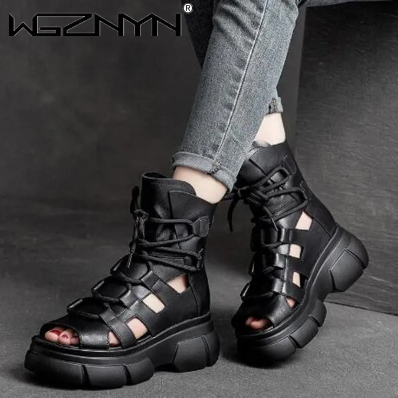 Genuine PU Leather Zip Retro Shoes Women Sandals 2022 New Ankle Boots Summer Handmade Hollow-out Lace-up Casual Platform Sandals