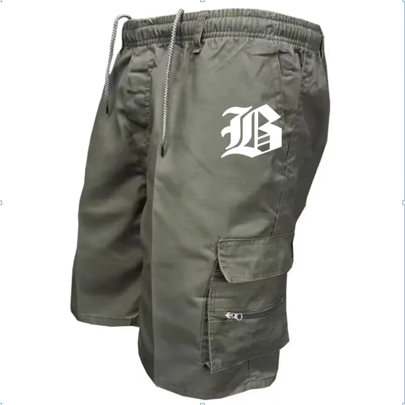 Gothic Style Letter Print Mens Cargo Shorts Multi Zipper Pocket Elastic Drawstring Casual Outdoor Shorts